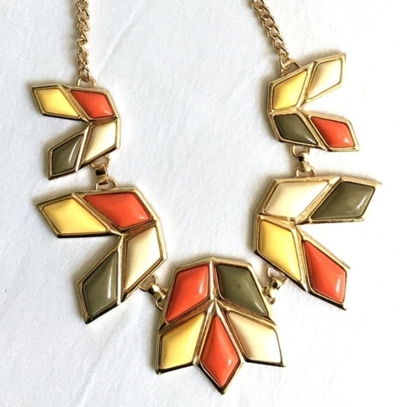 3/$29! Geometric Orange Yellow Olive Bib Necklace - Picture 3 of 5
